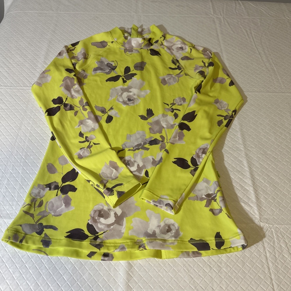 Athleta  Running Women Mock Neck Top Lime Green Floral‎ Sz Medium Back Zip
